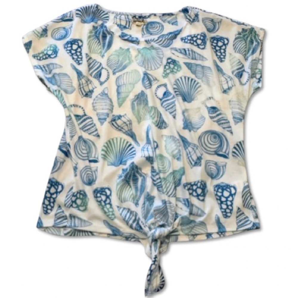 One World Seashell Print Tie-Front Top – Women’s PXL – Blue White Coastal